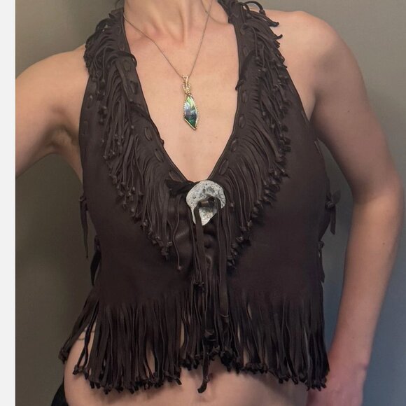 Handmade Genuine Leather Halter Top Bead Tassle Fringe Biker Chasing Unicorns S - Picture 2 of 8